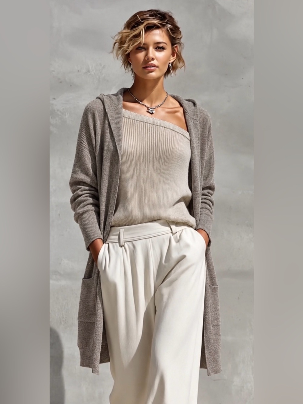 Taupe Brown Hooded Longline Open Front Cardigan Small